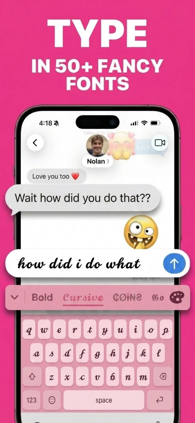 The TimeToTrivia fonts keyboard typing 'how did i do what' in cursive inside iMessage, with Bold, Cursive and Gothic font tabs